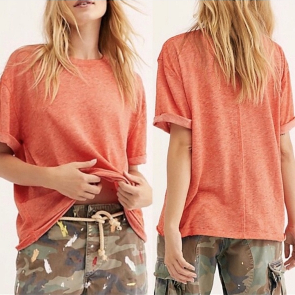 Free People Cassidy Orange Burnout Rolled Sleeve Boxy Fit Short Sleeve T-Shirt